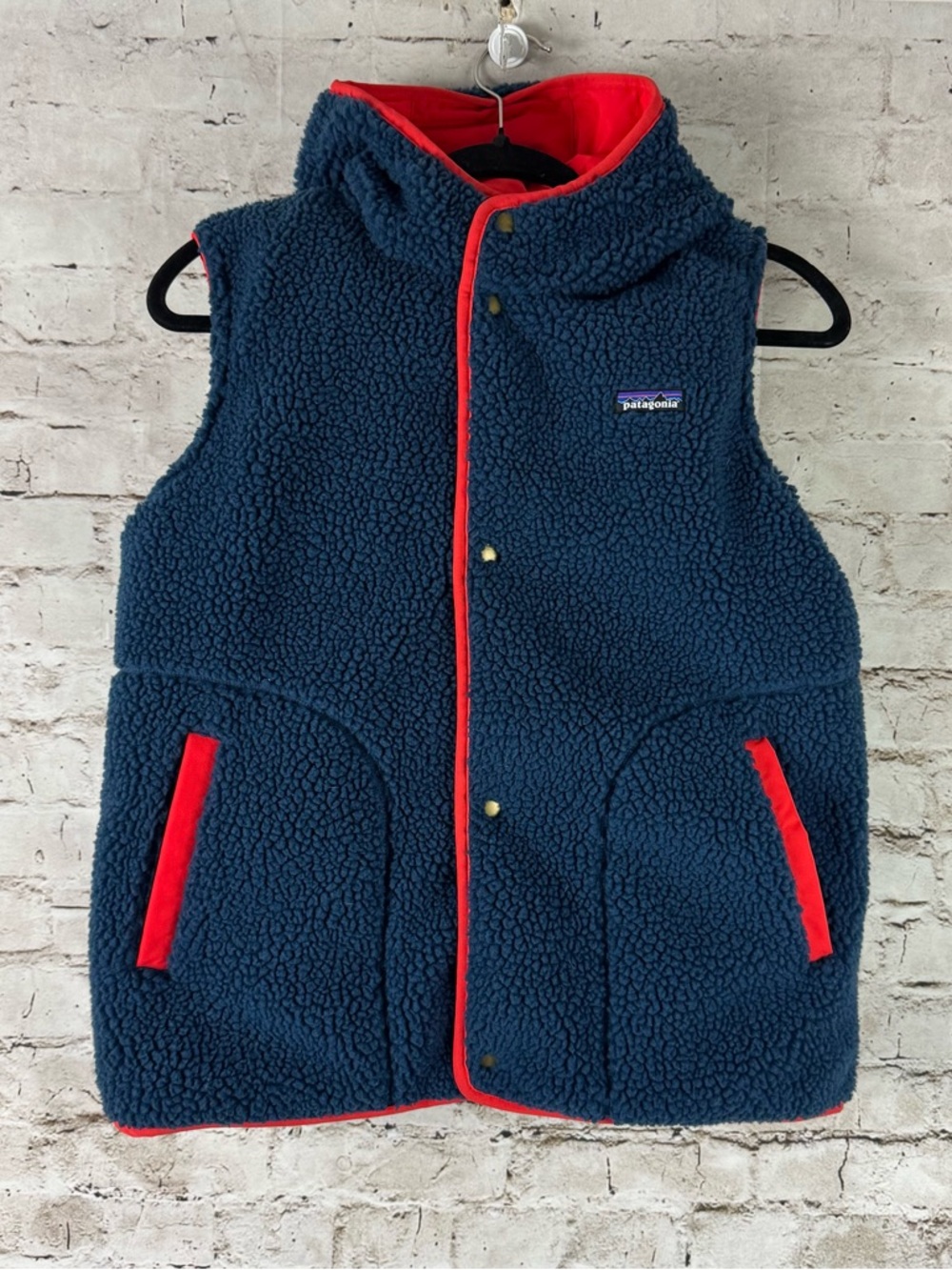 Patagonia Youth Reversible Bivy Hoodie Down Vest Navy Blue Umber Brown L/XL READ